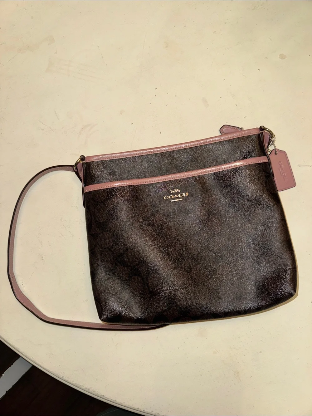 Coach Signature Brown Pink Trim Crossbody W/Adjustable Strap (Model F29210)